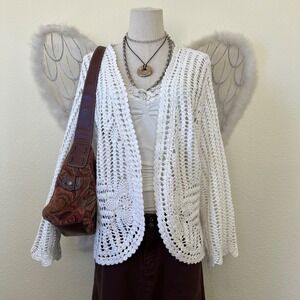 Indie Grunge Retro White Crochet Cardigan Boho Fairy Layering Bell Sleeve Cute